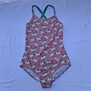 Mini Boden Girls One Piece Swimsuit Size 13-14Y Cross-back Pink Rainbow Unicorn